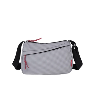 Light grey grid nylon crossbody bag with adjustable shoulder strap and red zip pullers