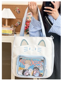 Detail der weiß-blauen Katzenohr-Ita-Bag mit transparentem Fenster und breitem Gurt