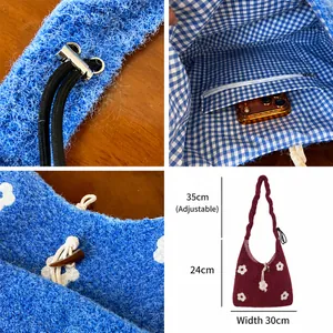 Bolso de felpa con cordón, diseño floral de punto y correa de hombro ajustable