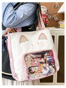 Rosa-weiße Katzen-Ita-Tasche mit großer transparenter Fronttasche für Anime-Anstecknadeln