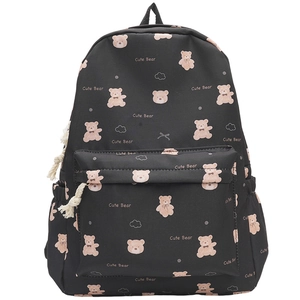 Close-up of black canvas backpack featuring pink cute bear patterns and cotton rope puller