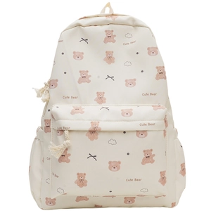 Detail of cute bear printed school backpack with unique rope zippers and side pockets
