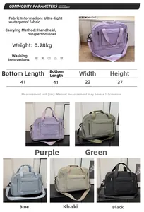 Detailed size guide and specifications for the lightweight waterproof nylon travel duffel bag