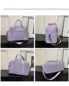 Detailed views of the purple travel bag showing front, side, back and bottom texture