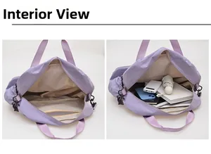 Interior display of large purple travel bag showing spacious pockets and zipper compartment