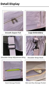 Detail view of smooth metal zippers, embroidery, and waterproof nylon fabric of the gym bag