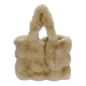 Chic beige plush tote bag with thick twisted knit pattern and soft faux fur texture