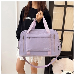 Purple large capacity travel bag with multi-zipper compartments and adjustable strap