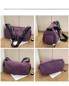 Detailed four-way view of a purple yoga travel bag showing zippers and waterproof fabric