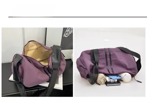 Detail view of purple travel bag interior lining and spacious storage compartment