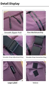 Detail view of purple nylon bag featuring smooth metal zippers and adjustable strap rings