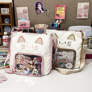 Süße Katzenohr Nylon Ita Tasche Für Damen Mädchen Student Große Kapazität Schulter Umhängetasche Mit Transparentem Fenster