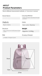 Detailed size specifications and weight info for the purple nylon commute backpack