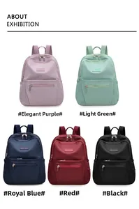 Matrix display of lightweight nylon backpacks in purple green blue red and black colors