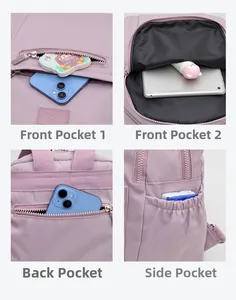 Detail view of purple nylon backpack showing multiple functional storage compartments