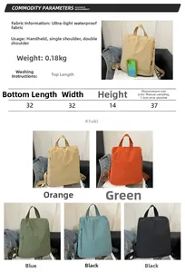 Size chart showing large capacity nylon backpack dimensions 32x14x37cm and five colors