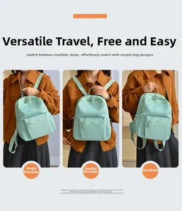 Nylon backpack detail showing three carrying modes: shoulder bag, backpack, and handbag