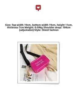 Detail view of pink jelly mini crossbody bag with size specs 19x11x7cm and fashion text