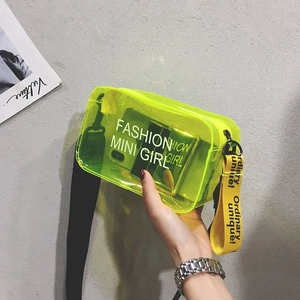 Detail of neon yellow transparent PVC crossbody bag with a wide branded shoulder strap