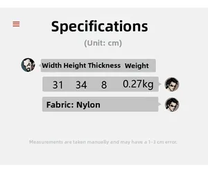 Size specifications for nylon tote bag measuring 31x34x8cm with a weight of 0.27kg