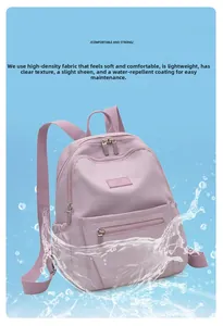 Waterproof detail of light purple nylon backpack featuring high-density splashproof fabric