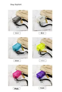 Detail of transparent PVC jelly crossbody bags in six vibrant colors with fashion lettering