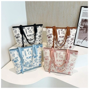 Sac Cabas Femme Grande Capacité Imprimé Graffiti Lettres Dessin Animé Cuir Synthétique Sac à Main Bandoulière Style de Rue