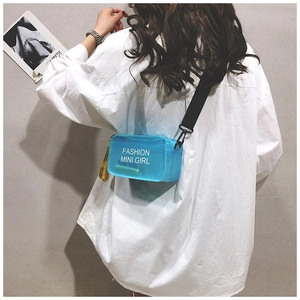 Blue semi-transparent jelly mini crossbody bag with fashion print and black strap