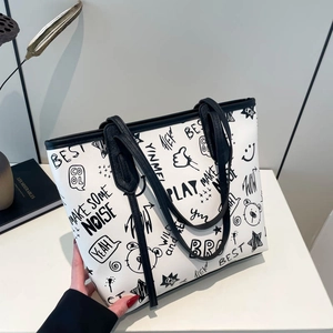 Grand sac cabas blanc avec imprimés graffiti de dessins animés et doubles anses
