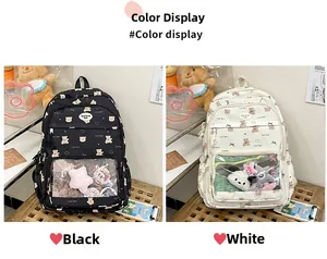 Dettaglio degli zaini con orsetti neri e bianchi e tasche frontali in PVC trasparente