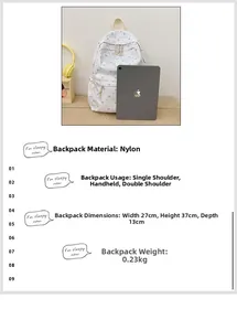 White nylon backpack with blue heart pattern showing 27x37x13cm size specifications