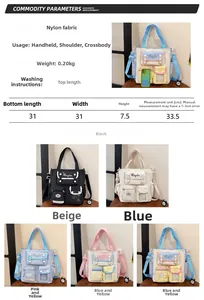 Size chart showing dimensions and colors of the lightweight nylon crossbody tote bag