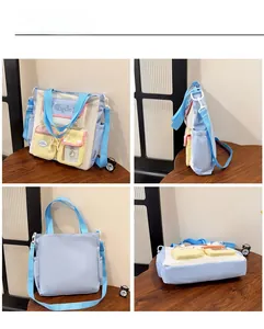 Detailed four-angle view of the multi-pocket contrast color nylon crossbody travel bag