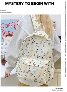Rear view of white star pattern backpack in school setting with campus lifestyle vibes