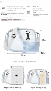 Detailed size chart of transparent PVC mini crossbody bag showing 21x16x5cm dimensions