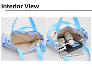 Detail view of large capacity interior with zipper pocket and blue woven strap