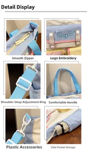 Detailed close-up of colorful nylon shoulder bag features with zipper and side pocket