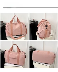 Detailed views of a pink nylon gym bag with waterproof fabric and separate compartments
