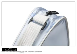 Detailed view of light blue transparent PVC bag with black zipper and reinforced handle buckle