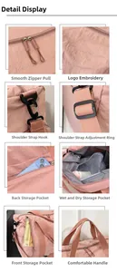 Detailed views of pink nylon gym bag features like wet/dry storage and smooth zippers