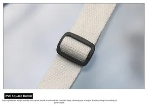 Detail of adjustable woven strap with premium black PVC buckle on a clear jelly bag