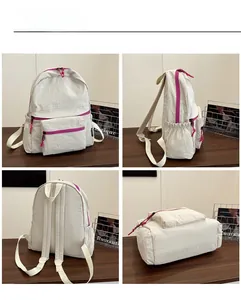 Detailed four-way view showing cream nylon backpack with vibrant pink contrast zippers