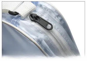 Macro shot of durable hardware zipper pull and white stitching on semi-transparent bag