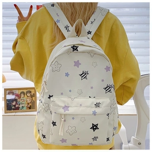 Minimalist white canvas backpack with colorful star patterns for school students