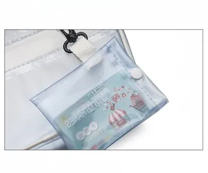 Detail of transparent PVC mini bag with blue detachable card holder and metal clip