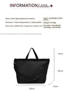 Detailed size parameters and lightweight black canvas tote bag internal structure view