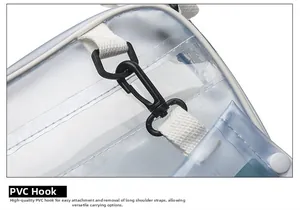 Detail of transparent PVC bag showing black hook, strap, and stitching quality