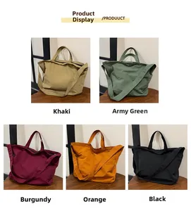 Collage of large canvas tote bags in khaki, green, burgundy, orange, and black colors