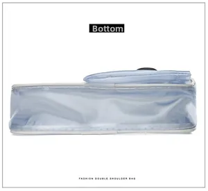 Detail view showing the flat bottom and white trim of this blue transparent jelly bag