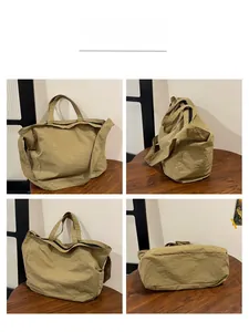 Detailed views of a khaki nylon tote bag showing the front, side and bottom on a wooden table